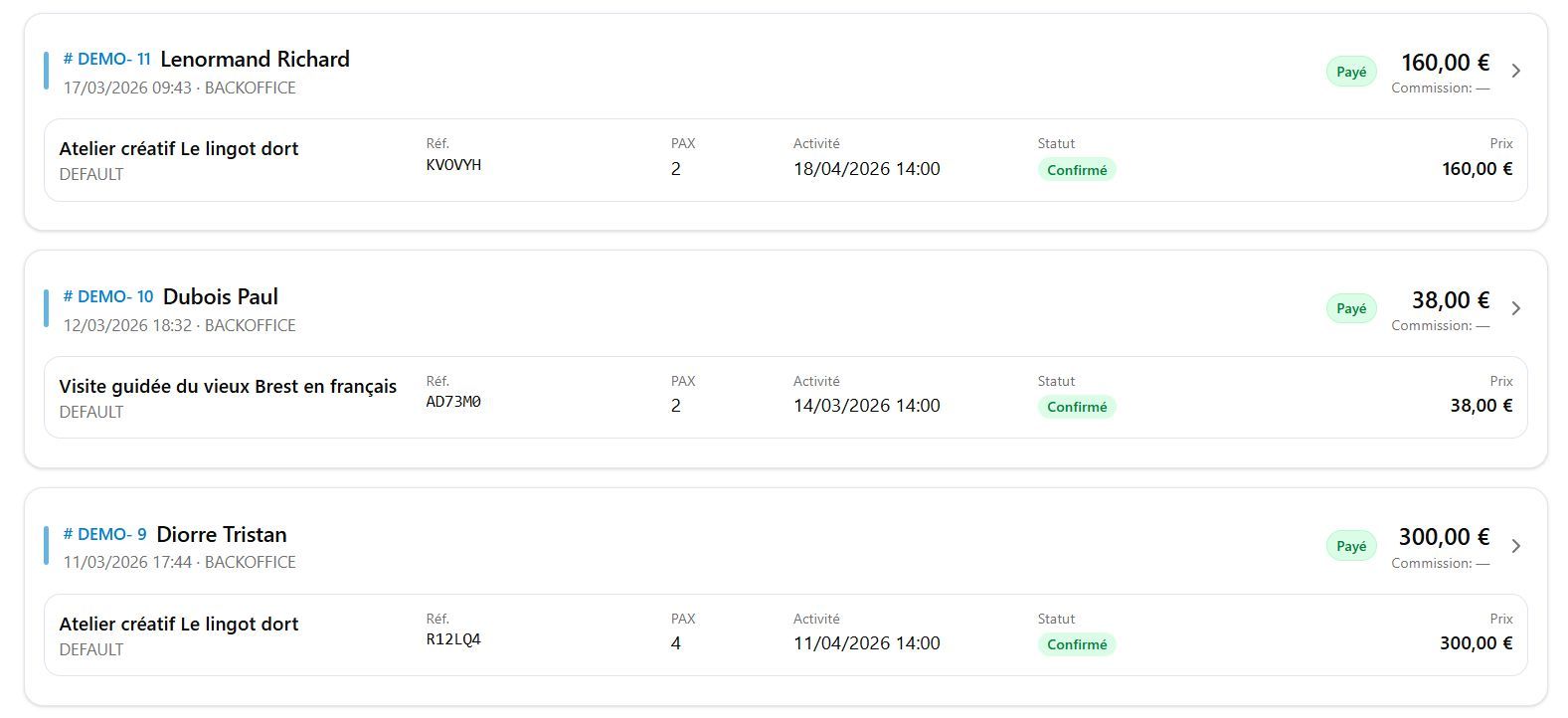 Screenshot of booking management on Explorates