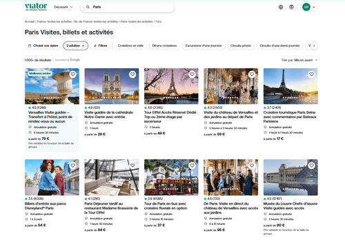 Captura de pantalla del sitio web de Viator