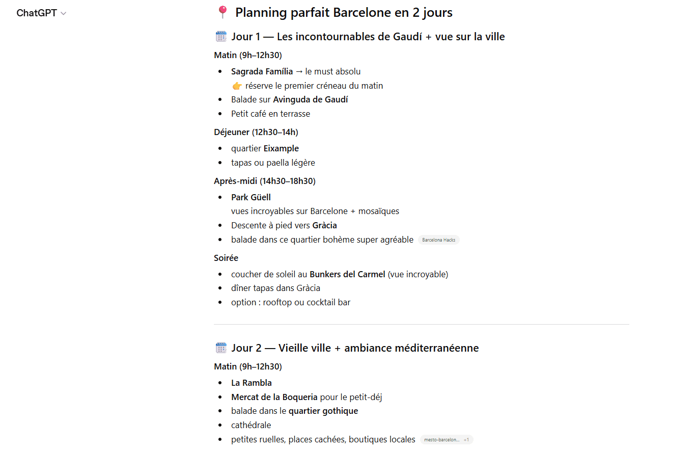 Itinerario de viaje elaborado por ChatGPT