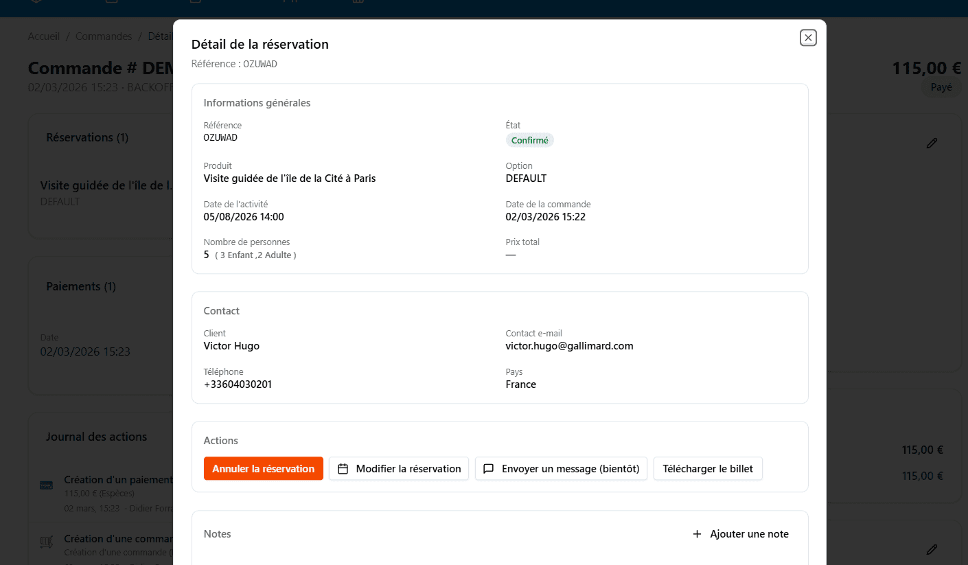 Captura de pantalla de una reserva en Explorates