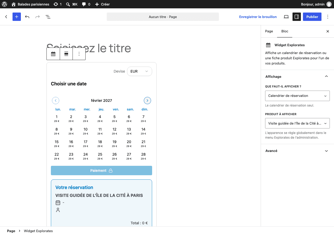 The Explorates Widget block in the WordPress editor, showing a calendar preview